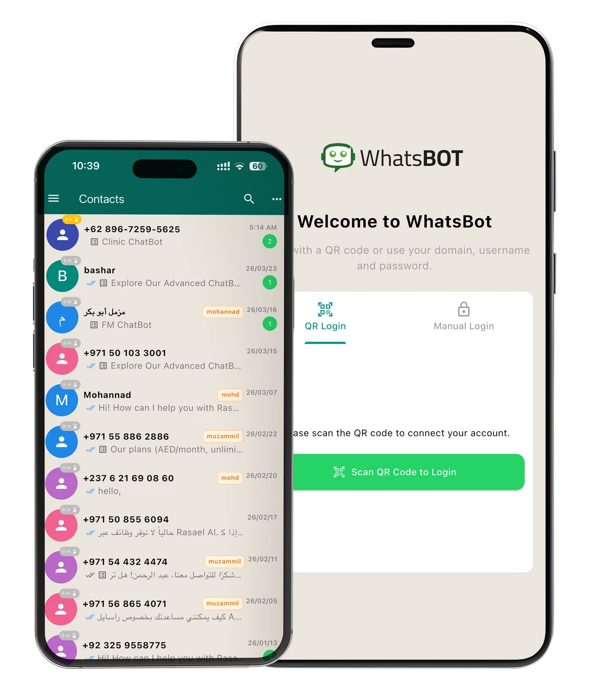 WhatsBot mobile app mockup